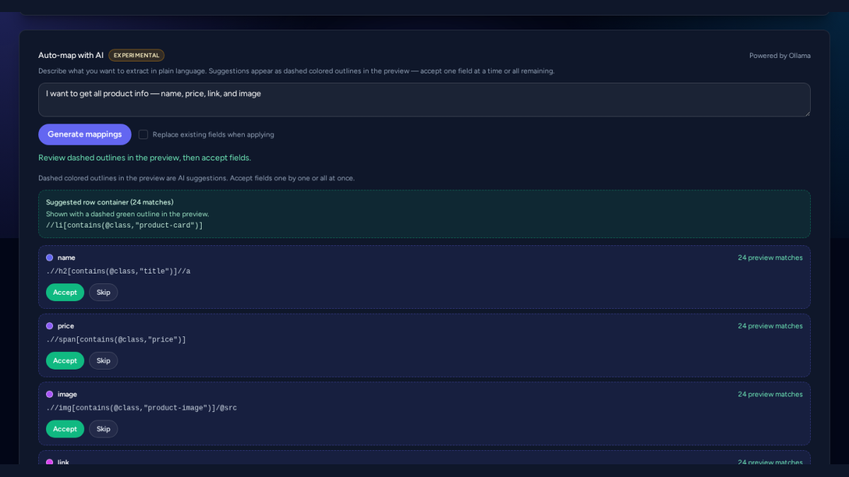 AI auto-map panel with plain-language field request