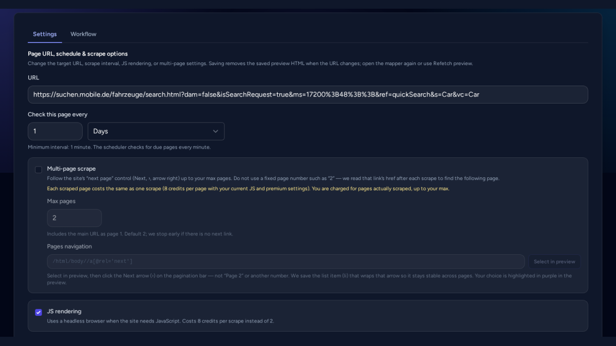 Page URL and schedule configuration