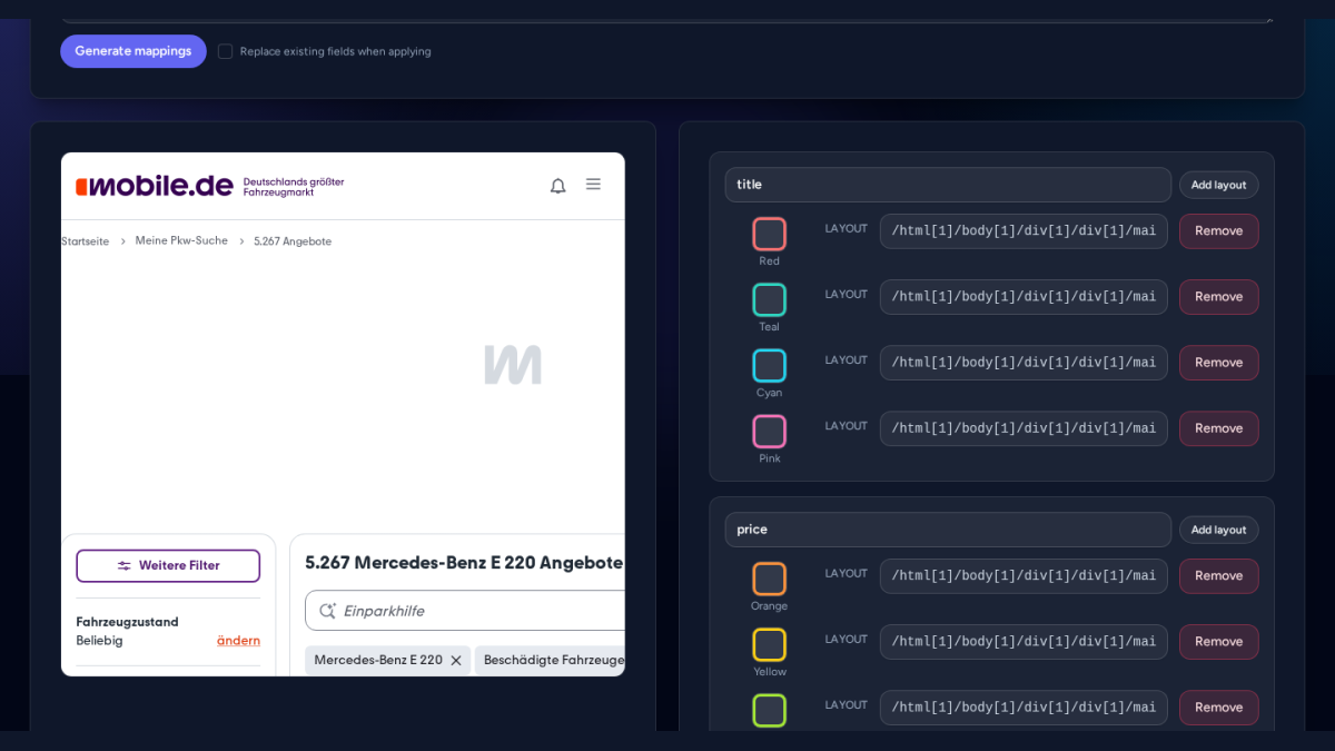 Live page preview inside the visual mapper